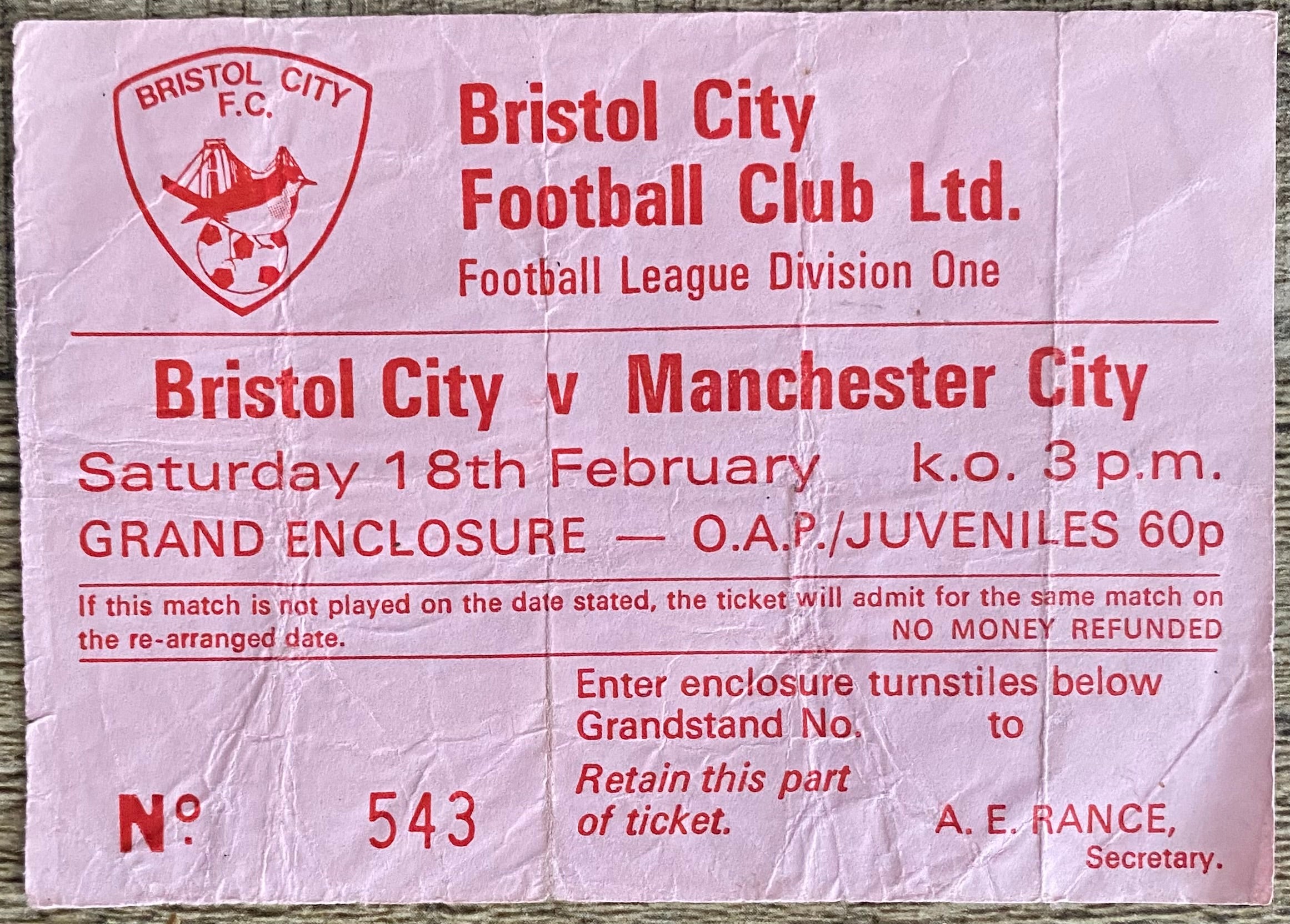 1976/77 ORIGINAL DIVISION 1 TICKET BRISTOL CITY V MANCHESTER CITY