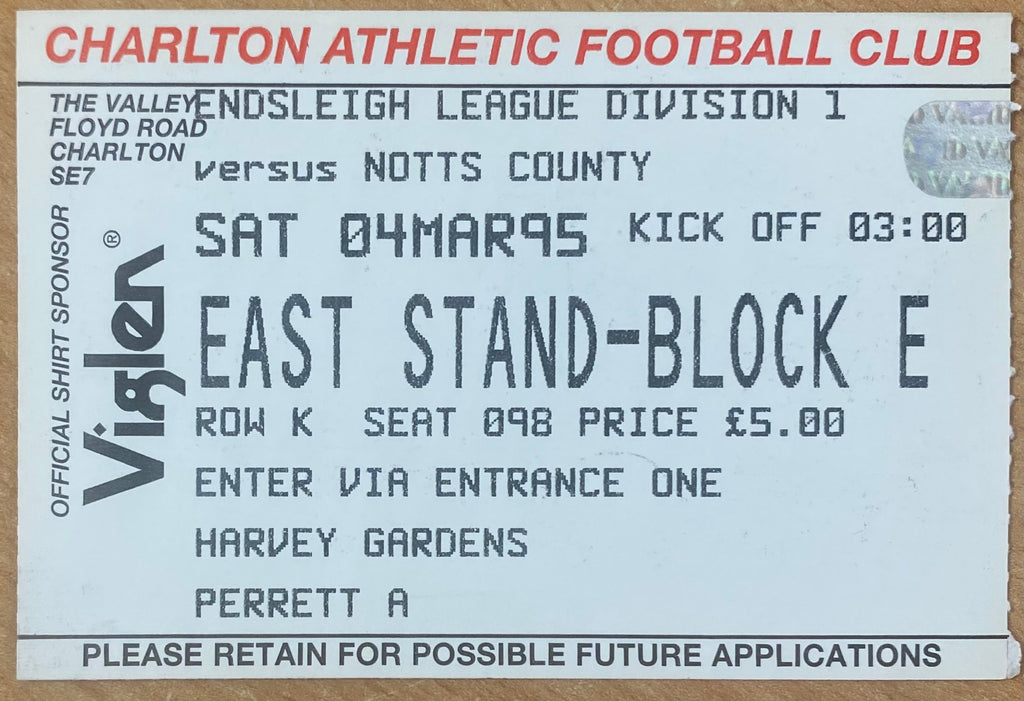 1994/95 ORIGINAL DIVISION 1 TICKET CHARLTON ATHLETIC V NOTTS COUNTY