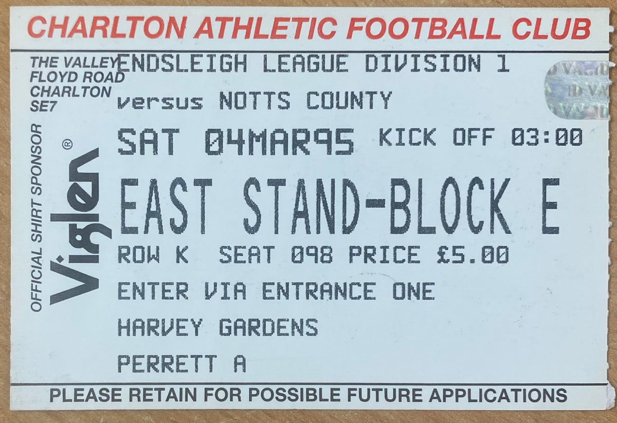 1994/95 ORIGINAL DIVISION 1 TICKET CHARLTON ATHLETIC V NOTTS COUNTY