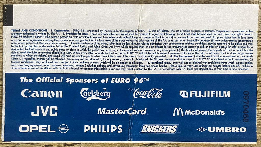 1996 ORIGINAL EUROPEAN CHAMPIONSHIPS EURO 96 TICKET TURKEY V PORTUGAL @ CITY GROUND