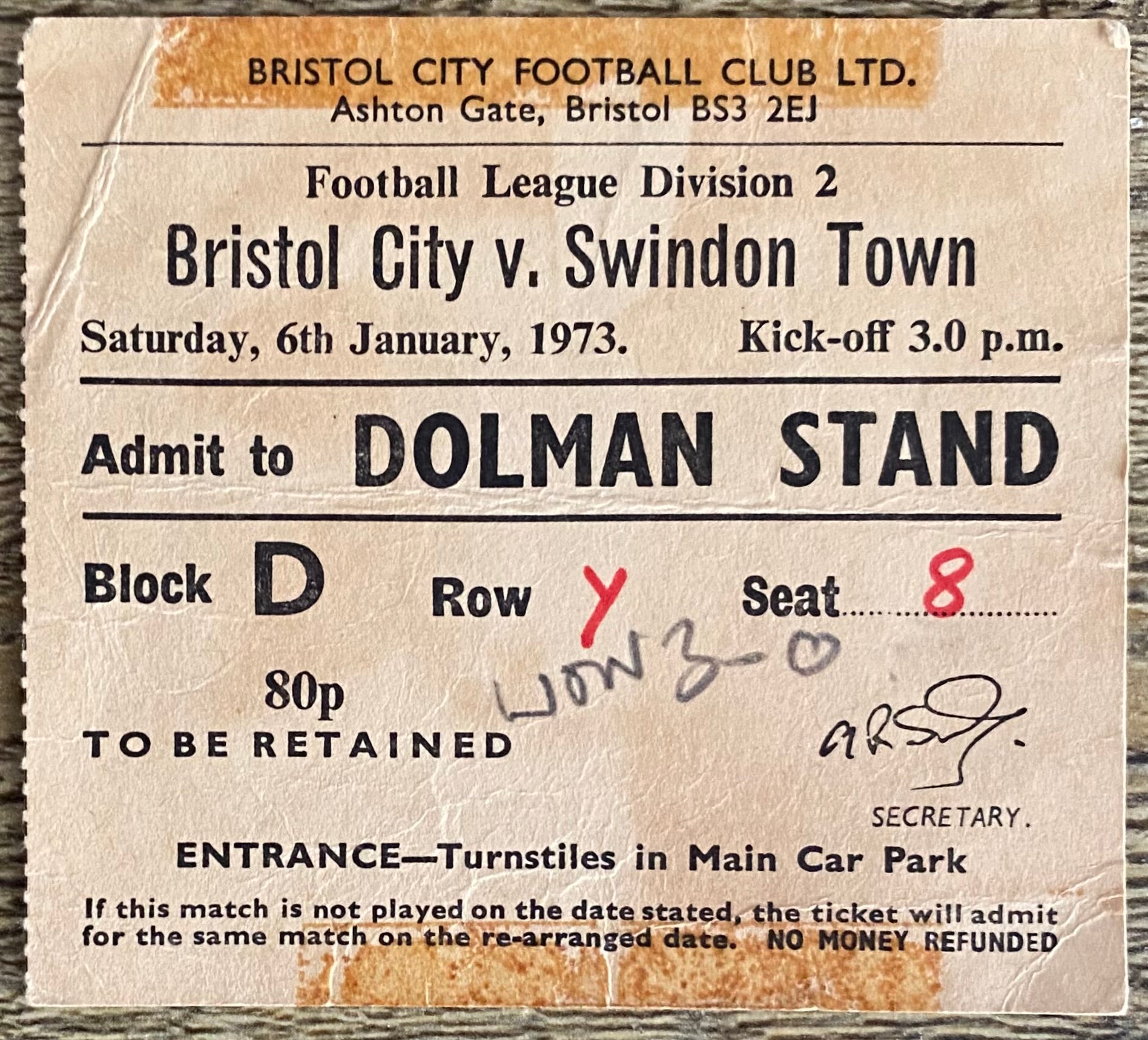 1972/73 ORIGINAL DIVISION 2 TICKET BRISTOL CITY V SWINDON TOWN