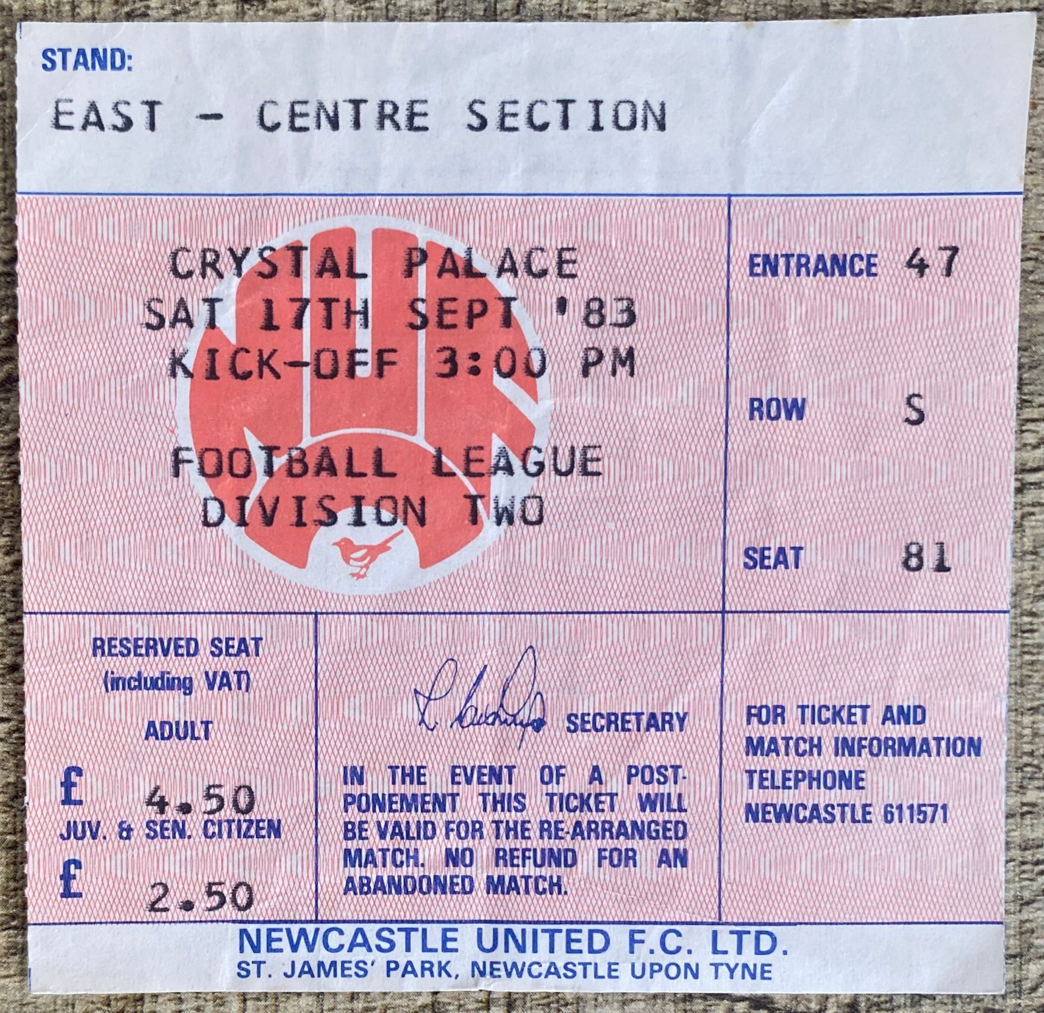 1983/84 ORIGINAL DIVISION 2 TICKET NEWCASTLE UNITED V CRYSTAL PALACE