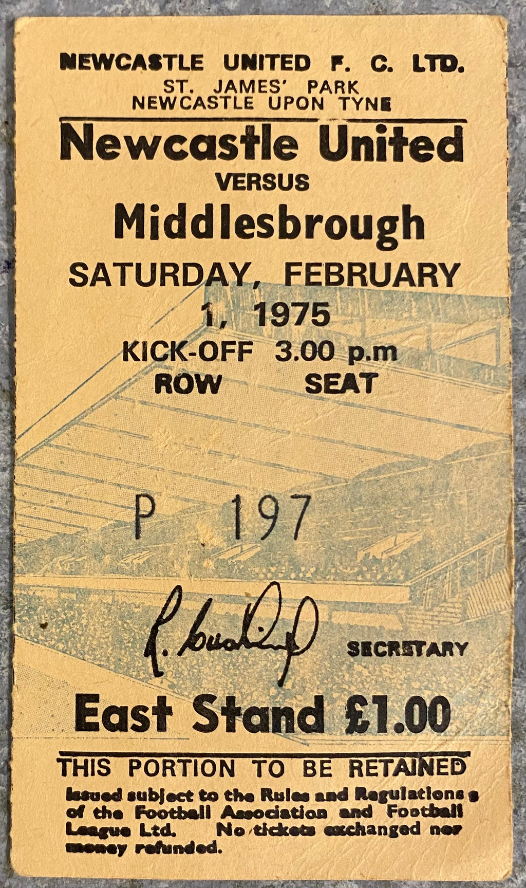 1974/75 ORIGINAL DIVISION 1 TICKET NEWCASTLE UNITED V MIDDLESBROUGH