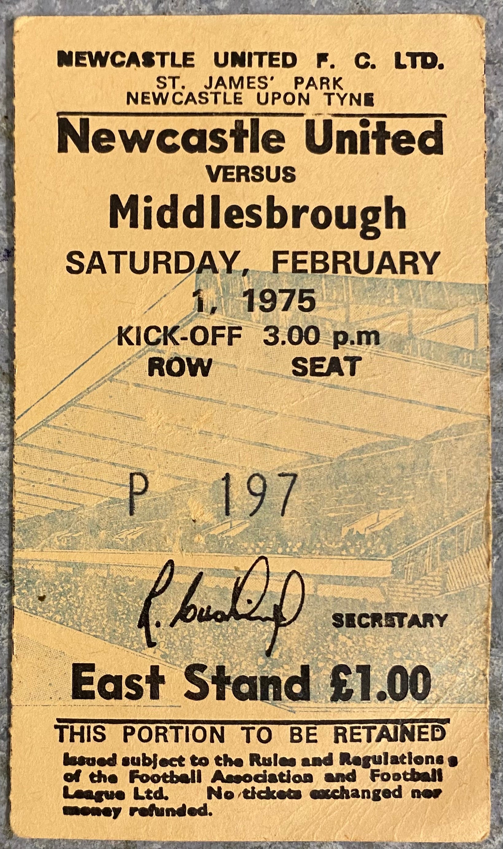 1974/75 ORIGINAL DIVISION 1 TICKET NEWCASTLE UNITED V MIDDLESBROUGH