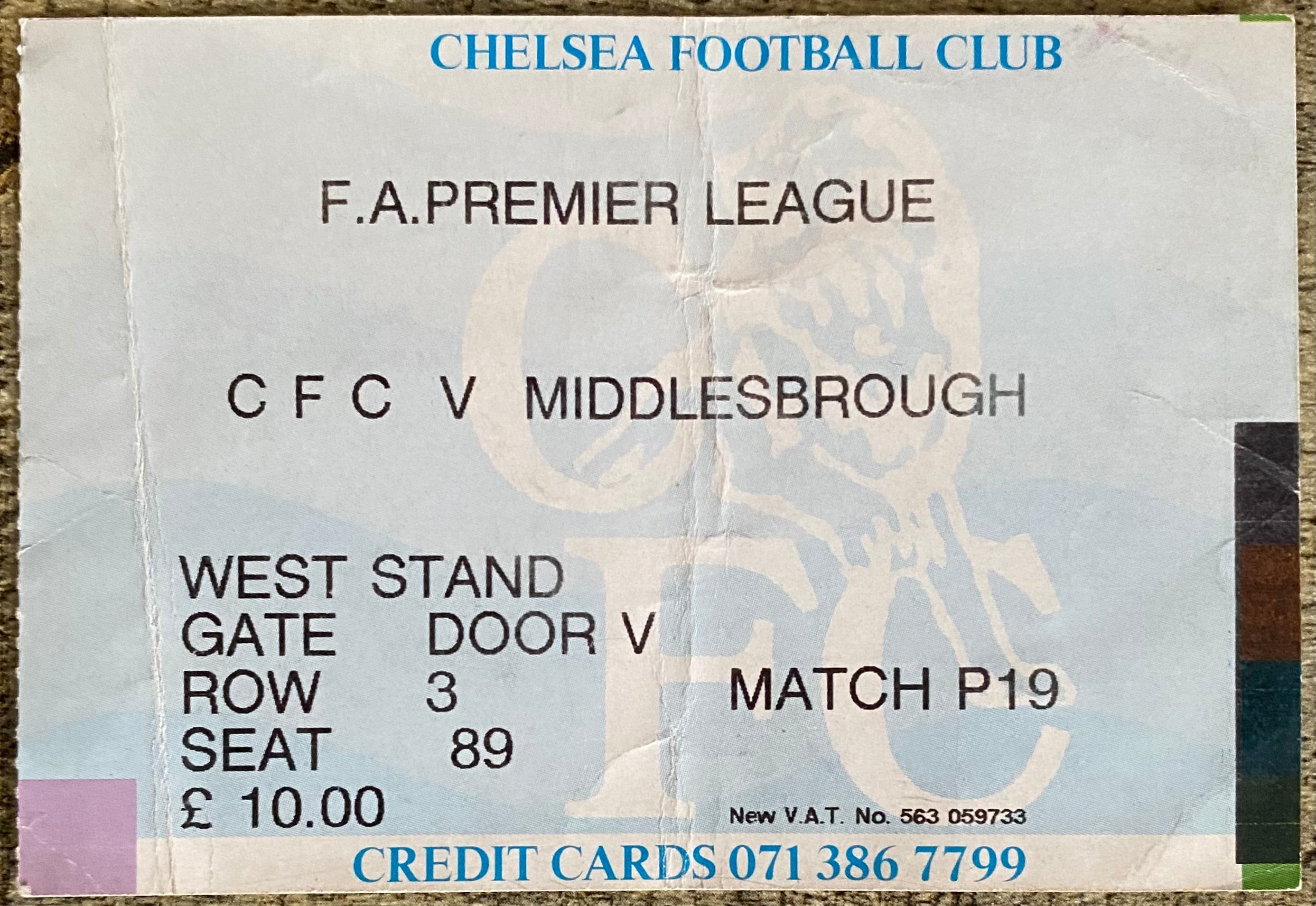 1992/93 ORIGINAL PREMIER LEAGUE TICKET CHELSEA V MIDDLESBROUGH
