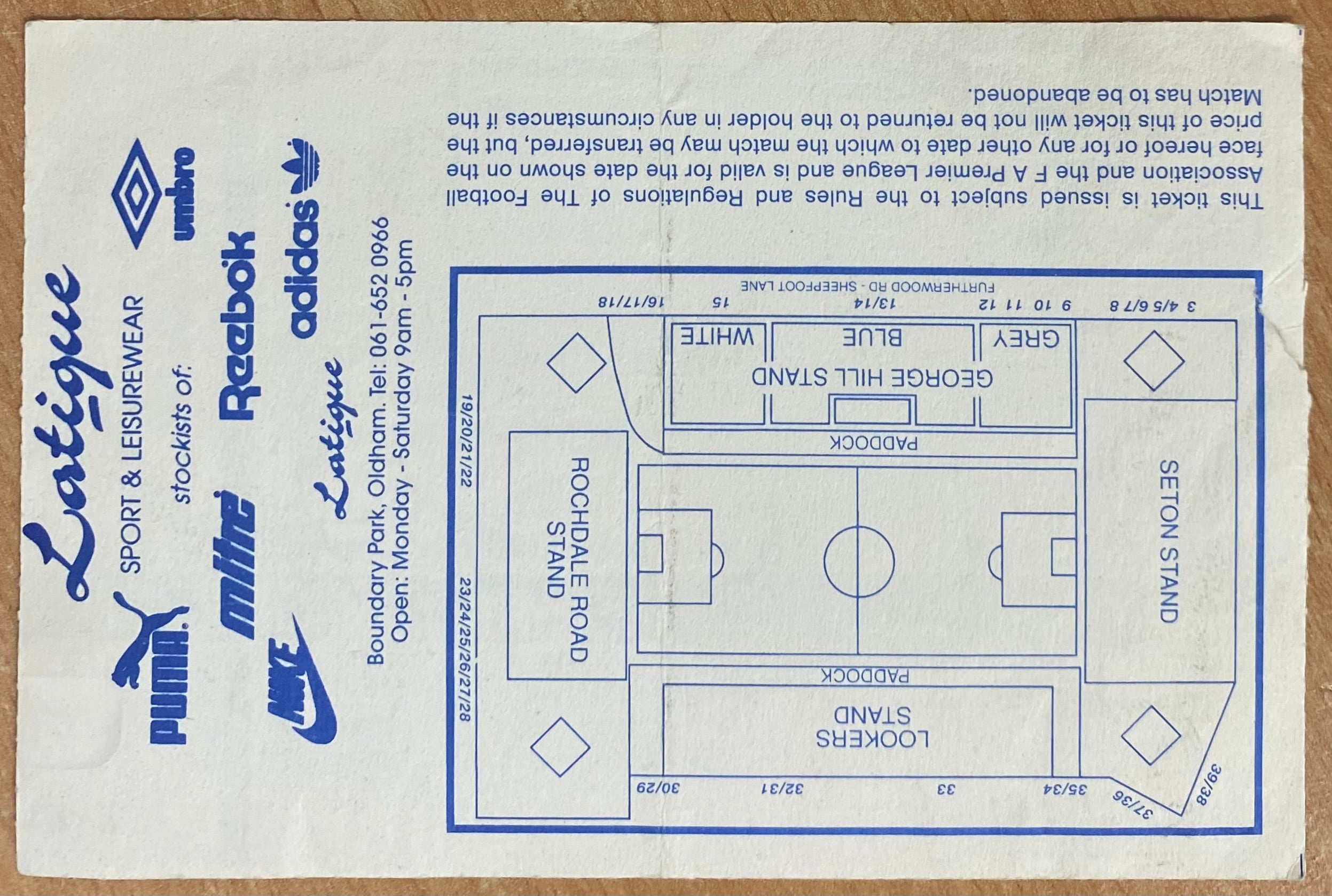 1993/94 ORIGINAL FA CUP 3RD ROUND TICKET OLDHAM ATHLETIC V DERBY COUNTY