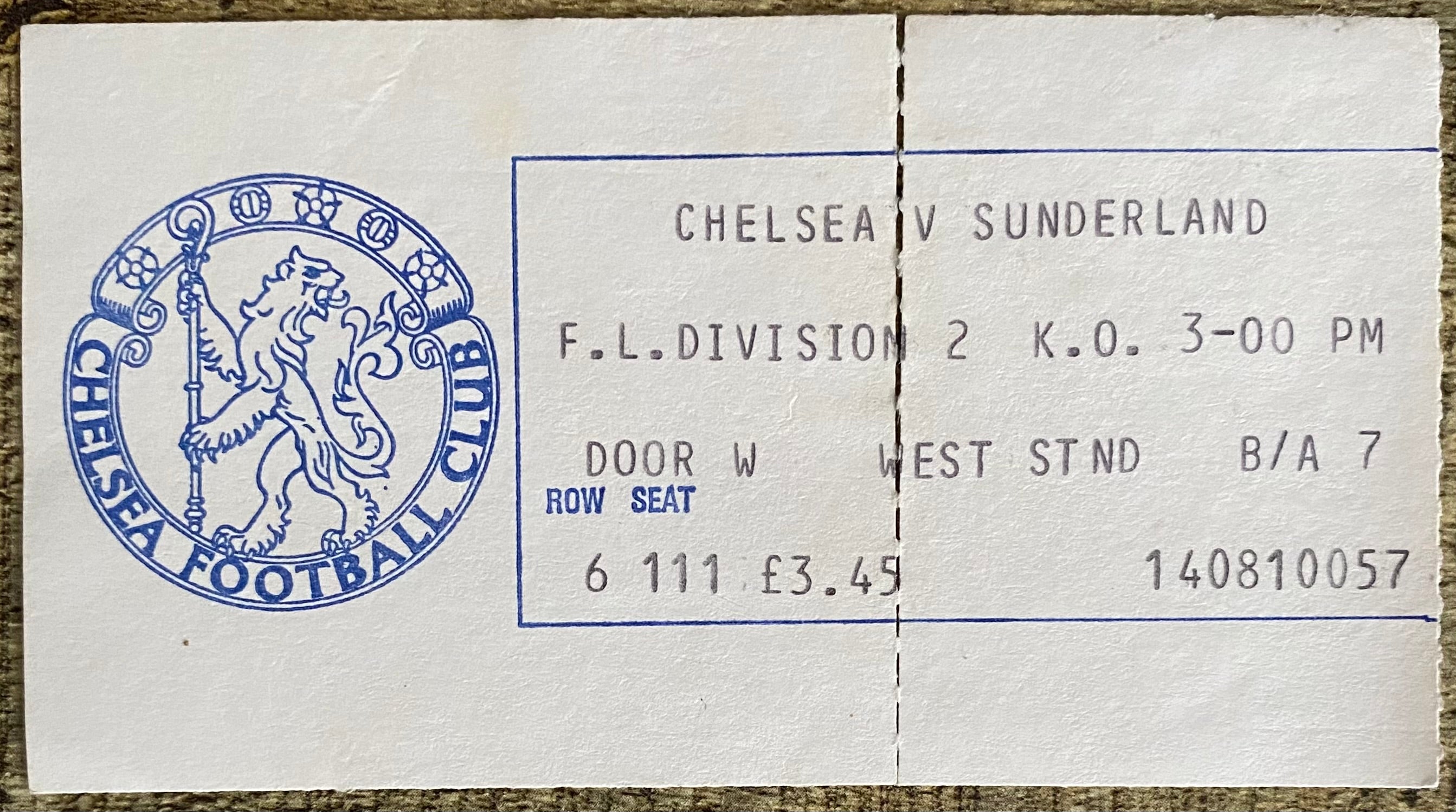 1979/80 ORIGINAL DIVISION 2 TICKET CHELSEA V SUNDERLAND