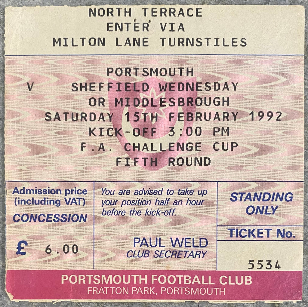 1991/92 ORIGINAL FA CUP 5TH ROUND TICKET PORTSMOUTH V MIDDLESBROUGH