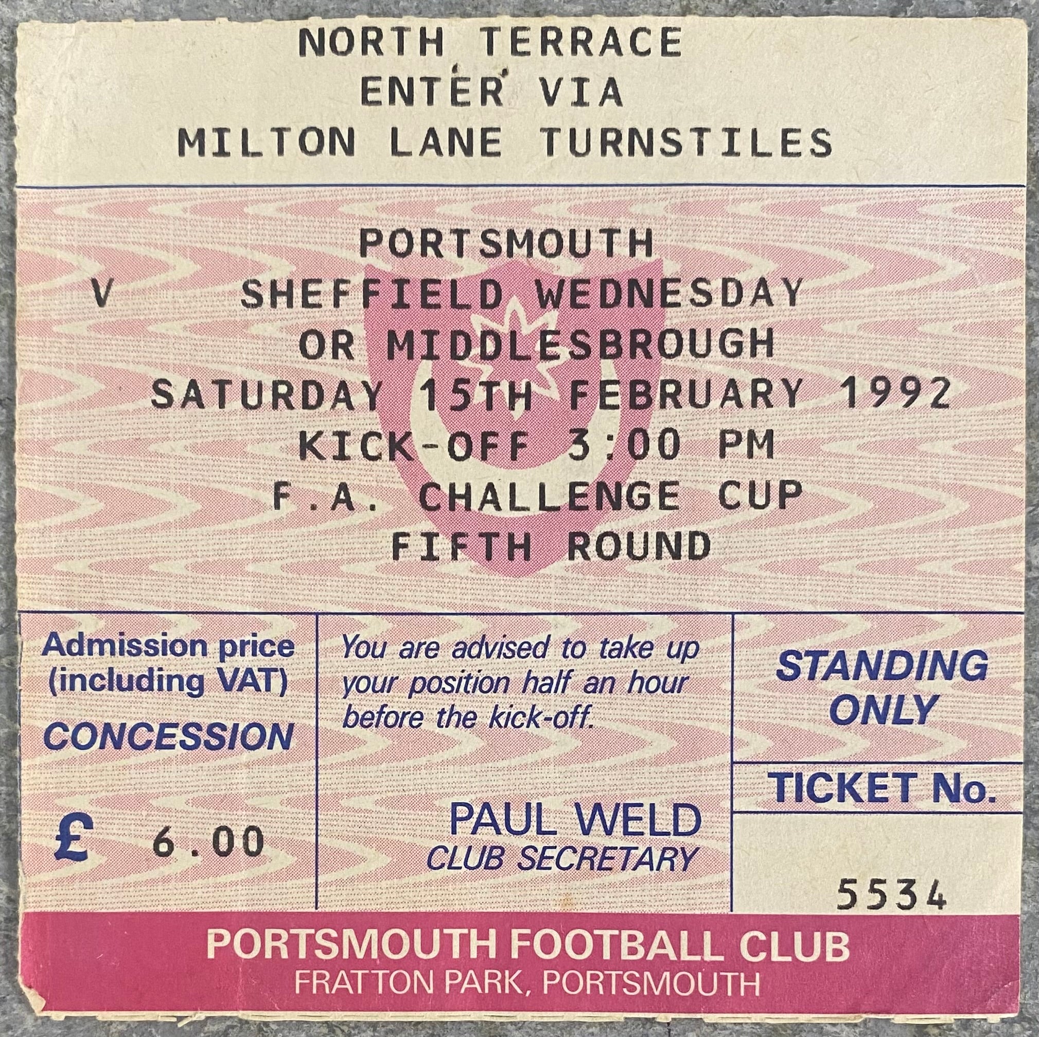 1991/92 ORIGINAL FA CUP 5TH ROUND TICKET PORTSMOUTH V MIDDLESBROUGH