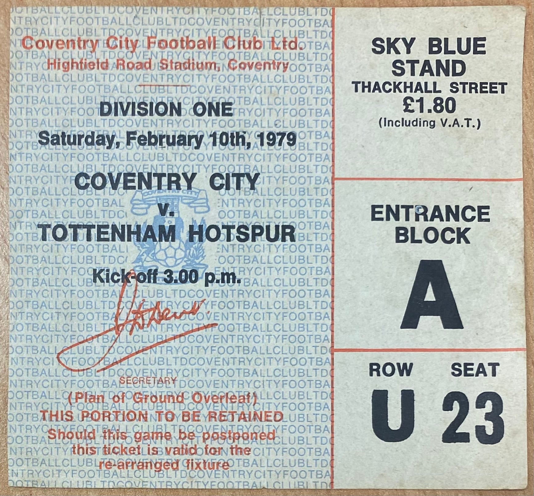 1978/79 ORIGINAL DIVISION ONE TICKET COVENTRY CITY V TOTTENHAM HOTSPUR