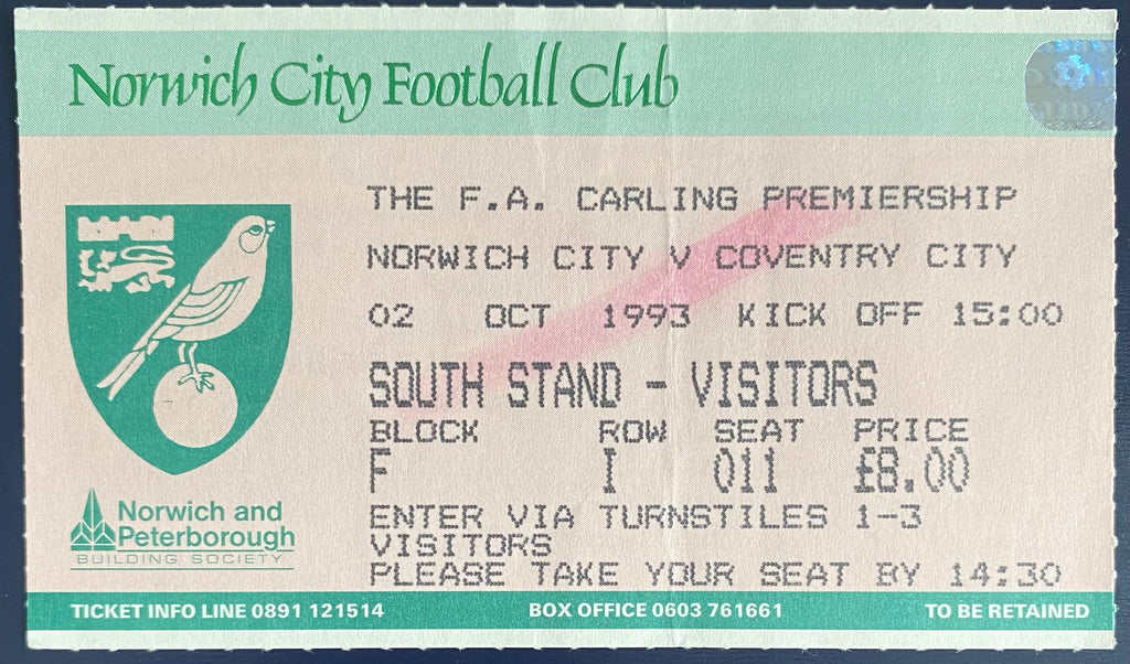 1993/94 ORIGINAL FA PREMIERSHIP TICKET NORWICH CITY V COVENTRY CITY