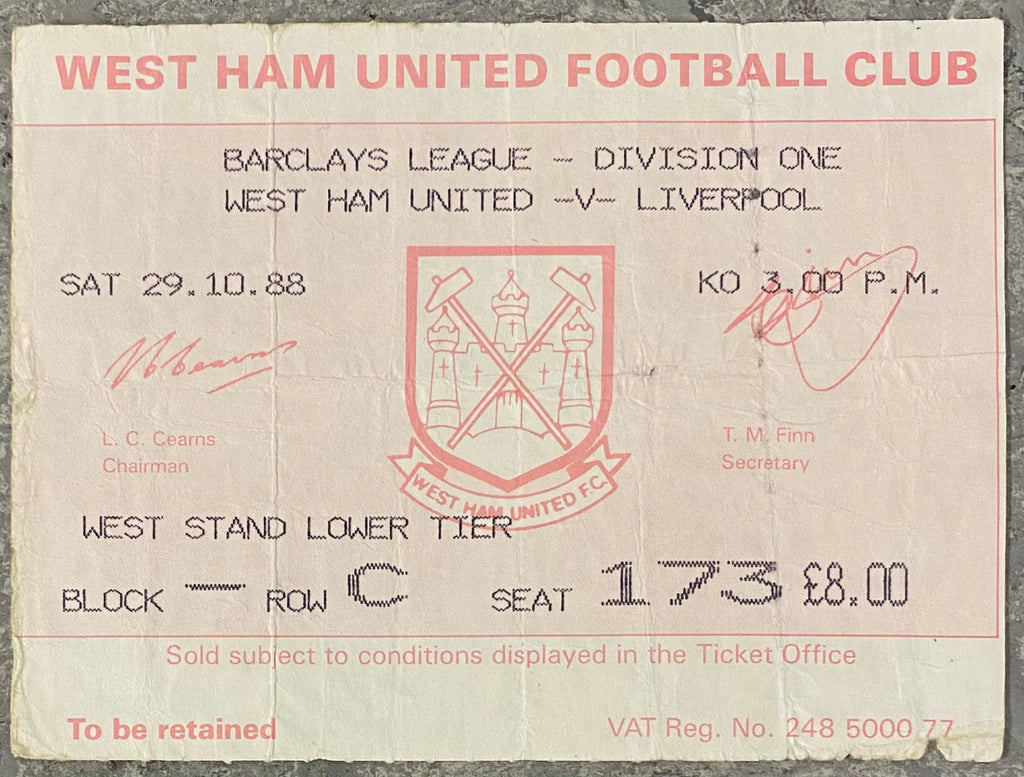 1988/89 ORIGINAL DIVISION ONE TICKET WEST HAM UNITED V LIVERPOOL