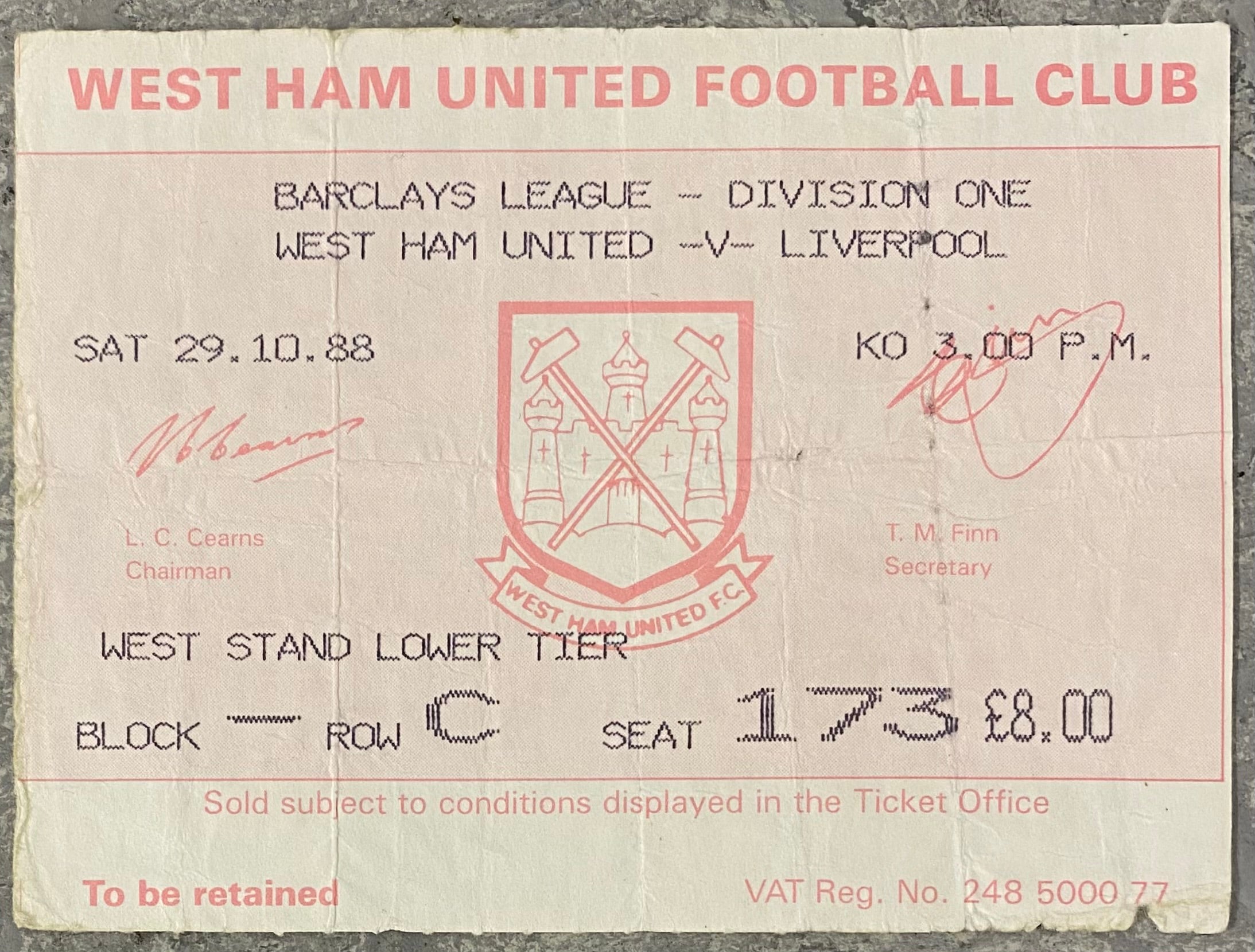 1988/89 ORIGINAL DIVISION ONE TICKET WEST HAM UNITED V LIVERPOOL