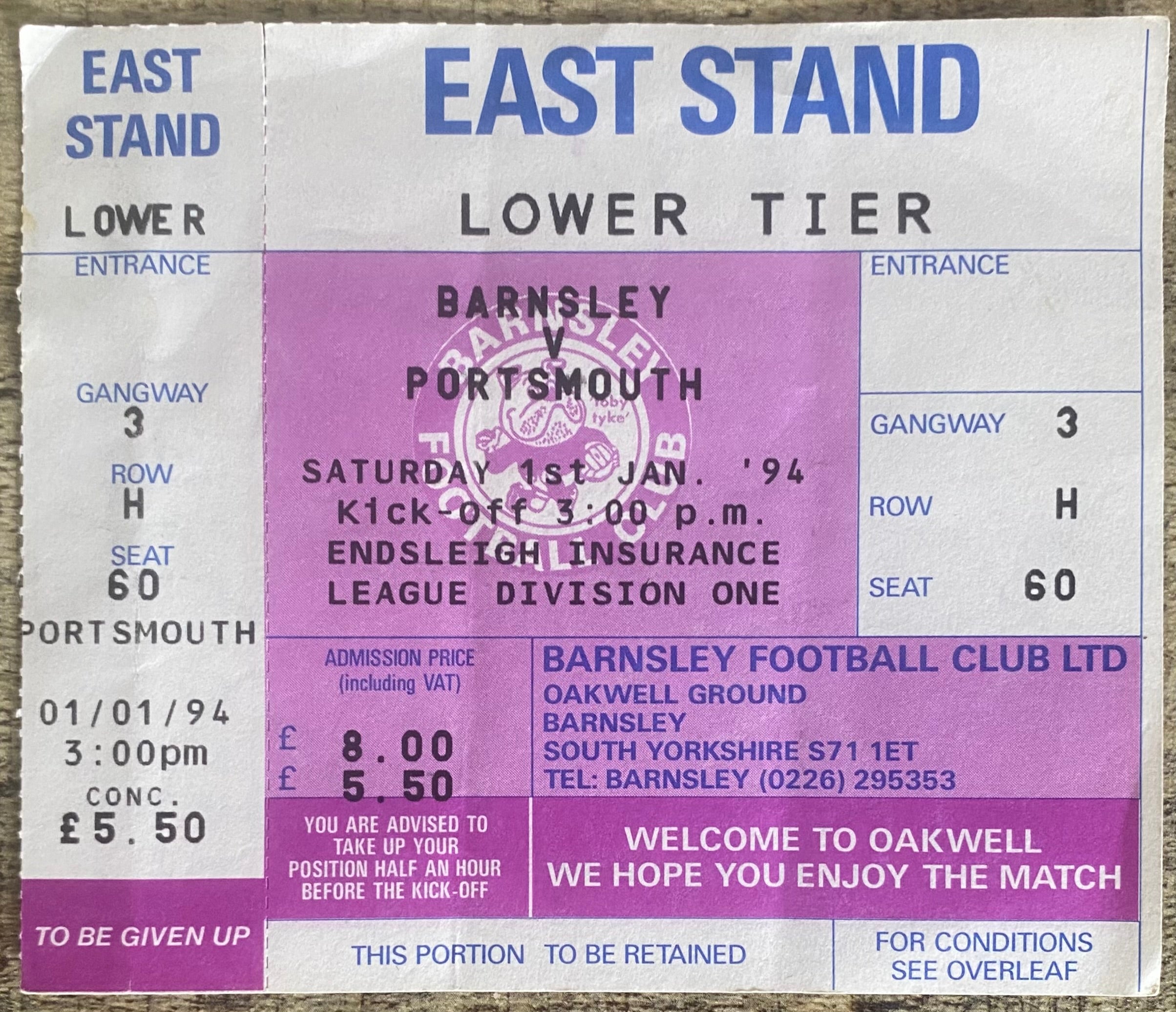 1993/94 ORIGINAL DIVISION 1 UNUSED TICKET BARNSLEY V PORTSMOUTH