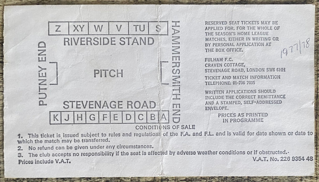 1977/78 ORIGINAL DIVISION 2 TICKET FULHAM V MILLWALL