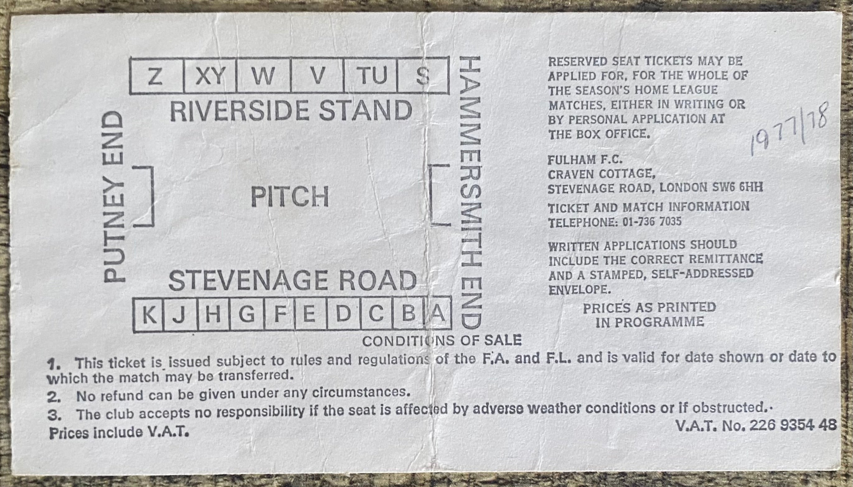 1977/78 ORIGINAL DIVISION 2 TICKET FULHAM V MILLWALL