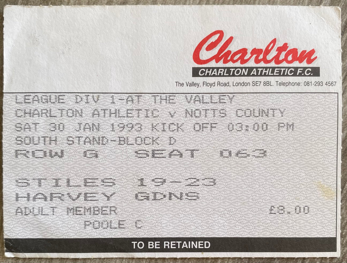 1992/93 ORIGINAL DIVISION 1 TICKET CHARLTON ATHLETIC V NOTTS COUNTY