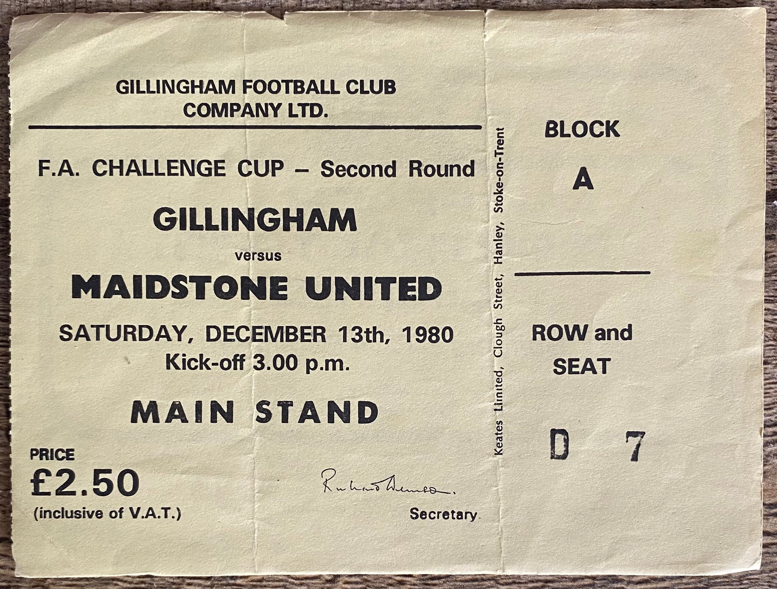 1980/81 ORIGINAL FA CUP 2ND ROUND TICKET GILLINGHAM V MAIDSTONE UNITED