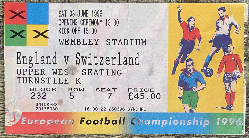 1996 ORIGINAL EUROPEAN CHAMPIONSHIPS EURO 96 OPENING MATCH TICKET ENGLAND V SWITZERLAND @ WEMBLEY