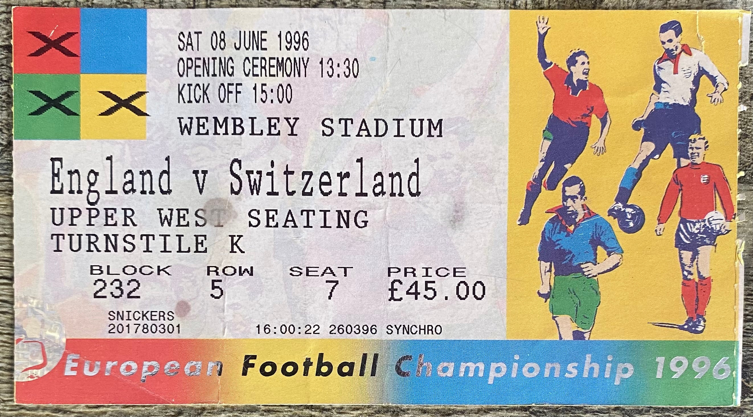 1996 ORIGINAL EUROPEAN CHAMPIONSHIPS EURO 96 OPENING MATCH TICKET ENGLAND V SWITZERLAND @ WEMBLEY