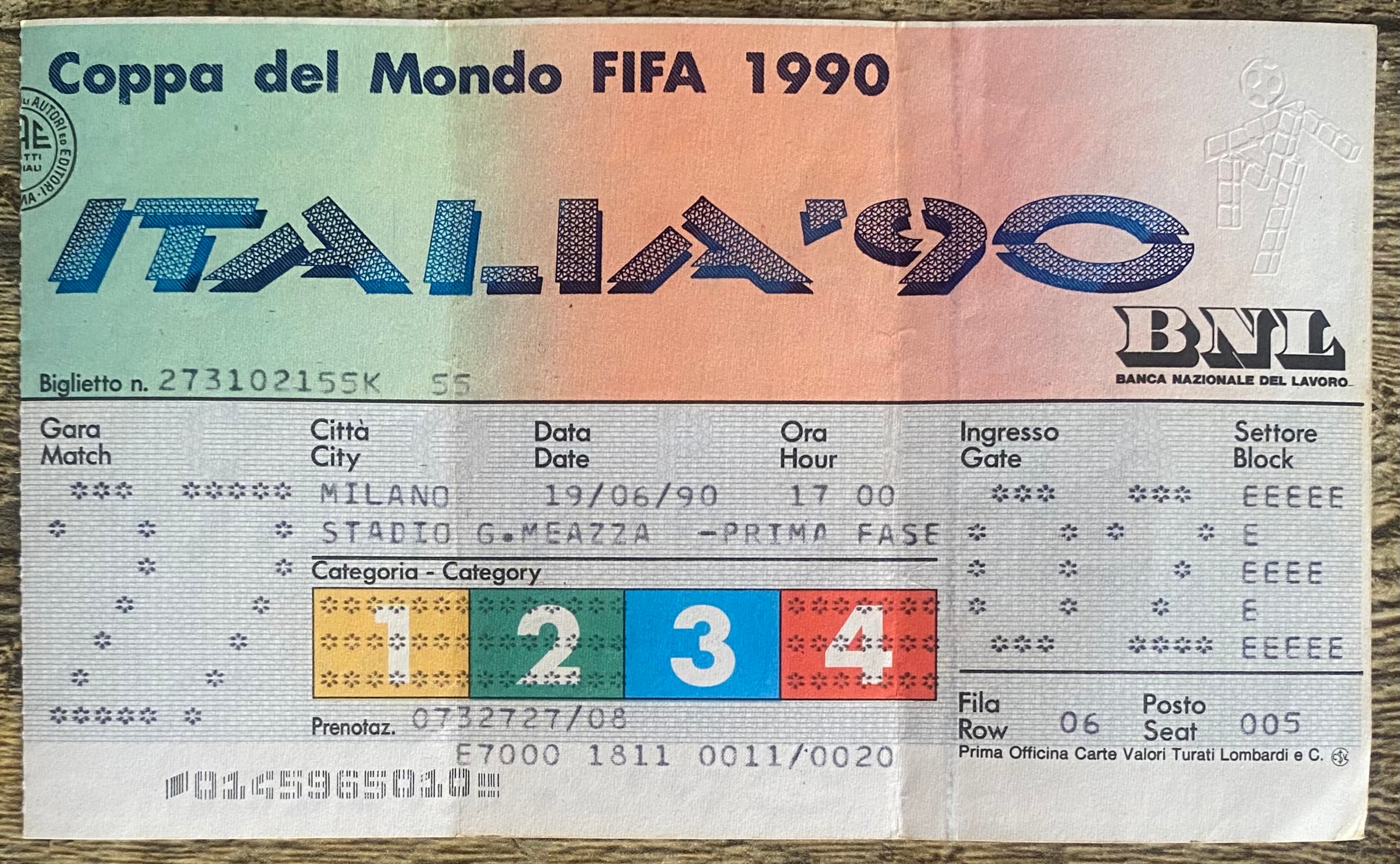 1990 ORIGINAL WORLD CUP 1ST ROUND TICKET WEST GERMANY V COLOMBIA @ MILAN