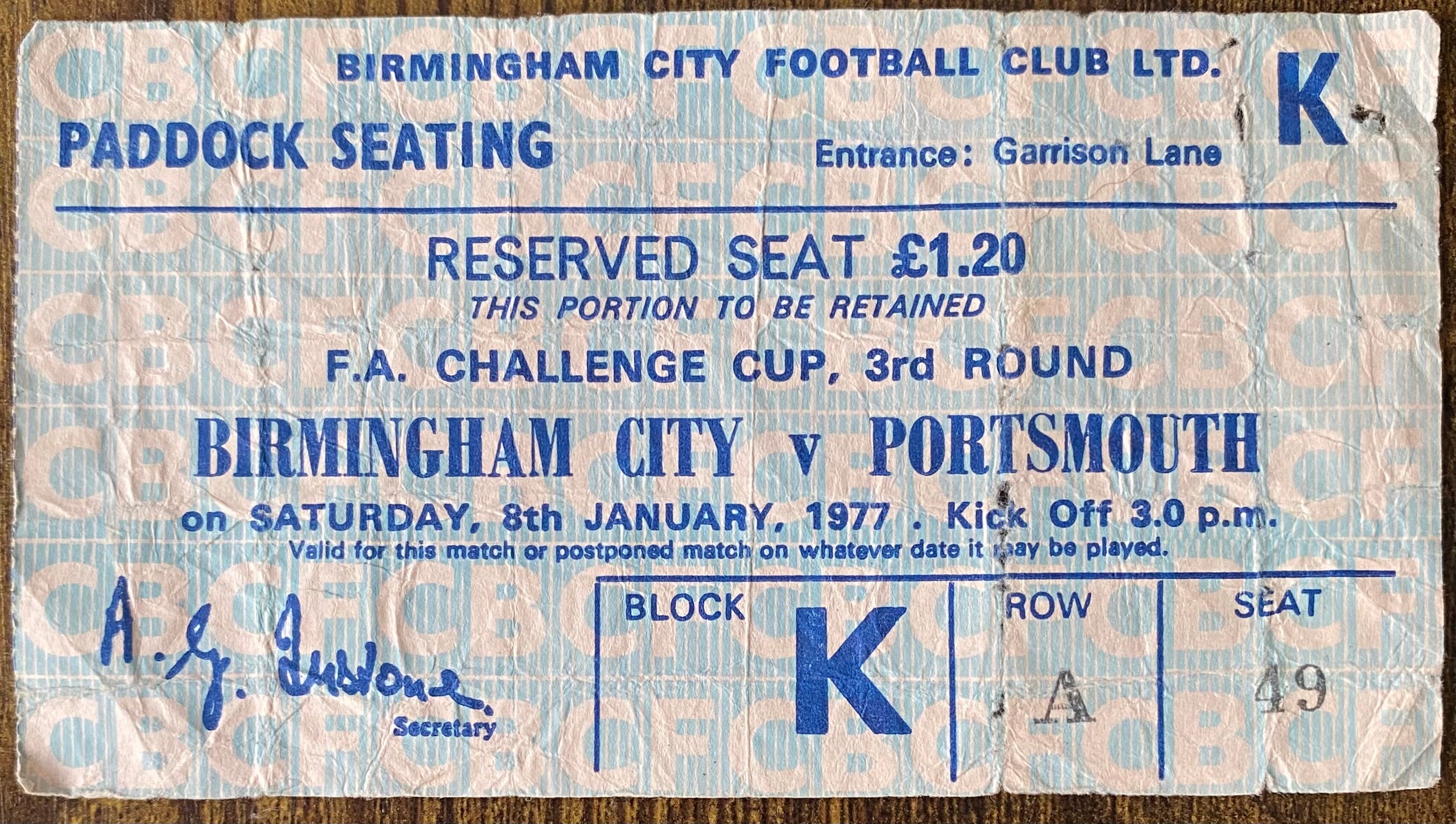 1976/77 ORIGINAL FA CUP 6TH ROUND TICKET BIRMINGHAM CITY V PORTSMOUTH