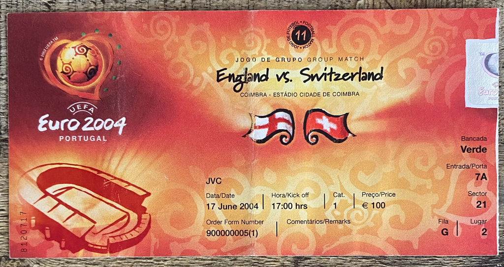 2004 ORIGINAL EUROPEAN CHAMPIONSHIPS TICKET ENGLAND V SWITZERLAND and @ COIMBRA