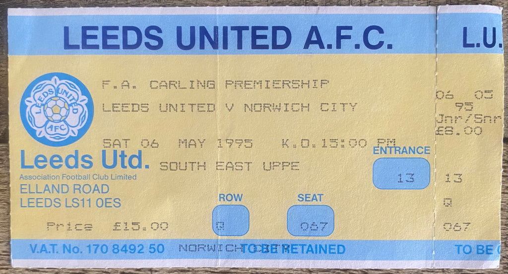 1994/95 ORIGINAL FA PREMIERSHIP TICKET LEEDS UNITED V NORWICH CITY