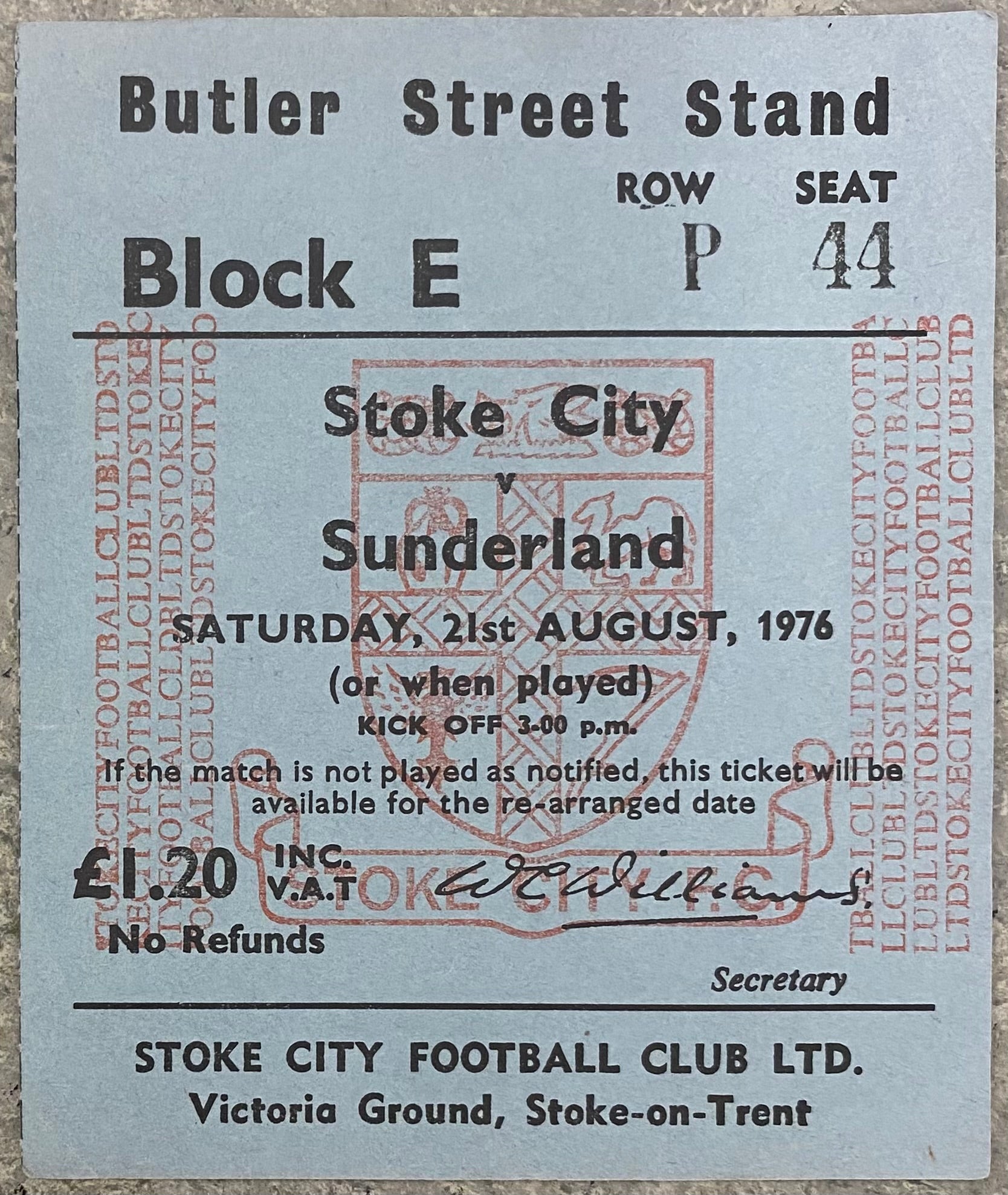 1976/77 ORIGINAL DIVISION ONE TICKET STOKE CITY V SUNDERLAND