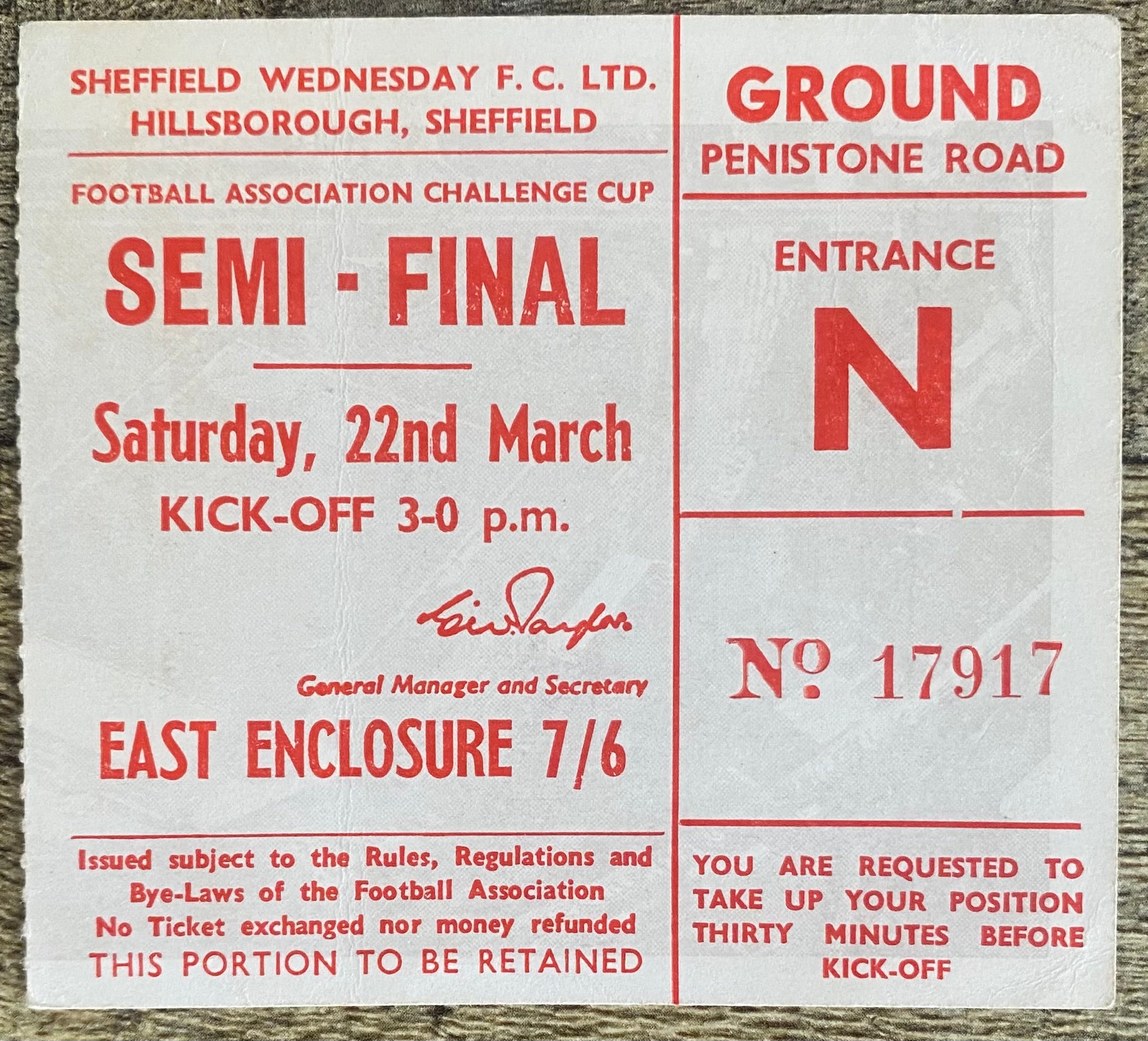 1969 ORIGINAL FA CUP SEMI FINAL TICKET LEICESTER CITY V WEST BROMWICH ALBION @ HILLSBOROUGH