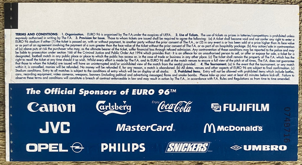 1996 ORIGINAL EUROPEAN CHAMPIONSHIPS EURO 96 THE FINAL TICKET CZECH REPUBLIC V GERMANY @ WEMBLEY