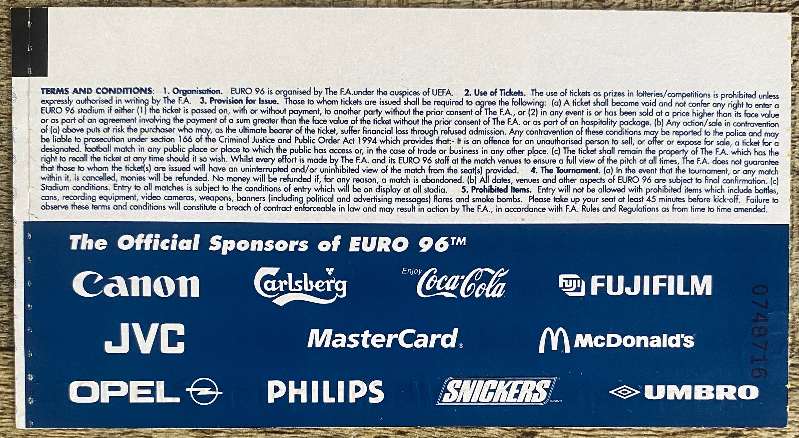 1996 ORIGINAL EUROPEAN CHAMPIONSHIPS EURO 96 THE FINAL TICKET CZECH REPUBLIC V GERMANY @ WEMBLEY