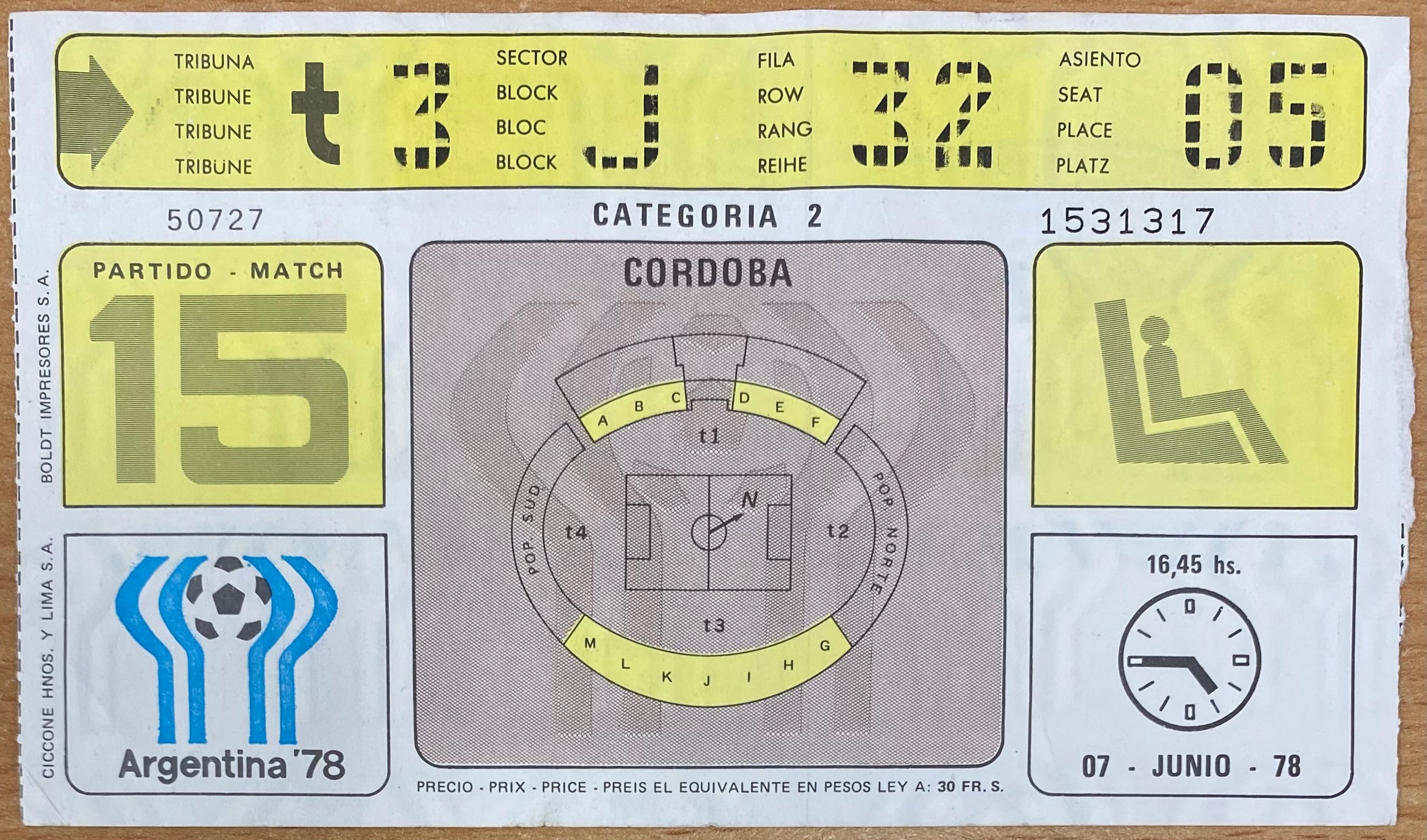 1978 ORIGINAL WORLD CUP 1ST ROUND TICKET SCOTLAND V IRAN @ CORDOBA
