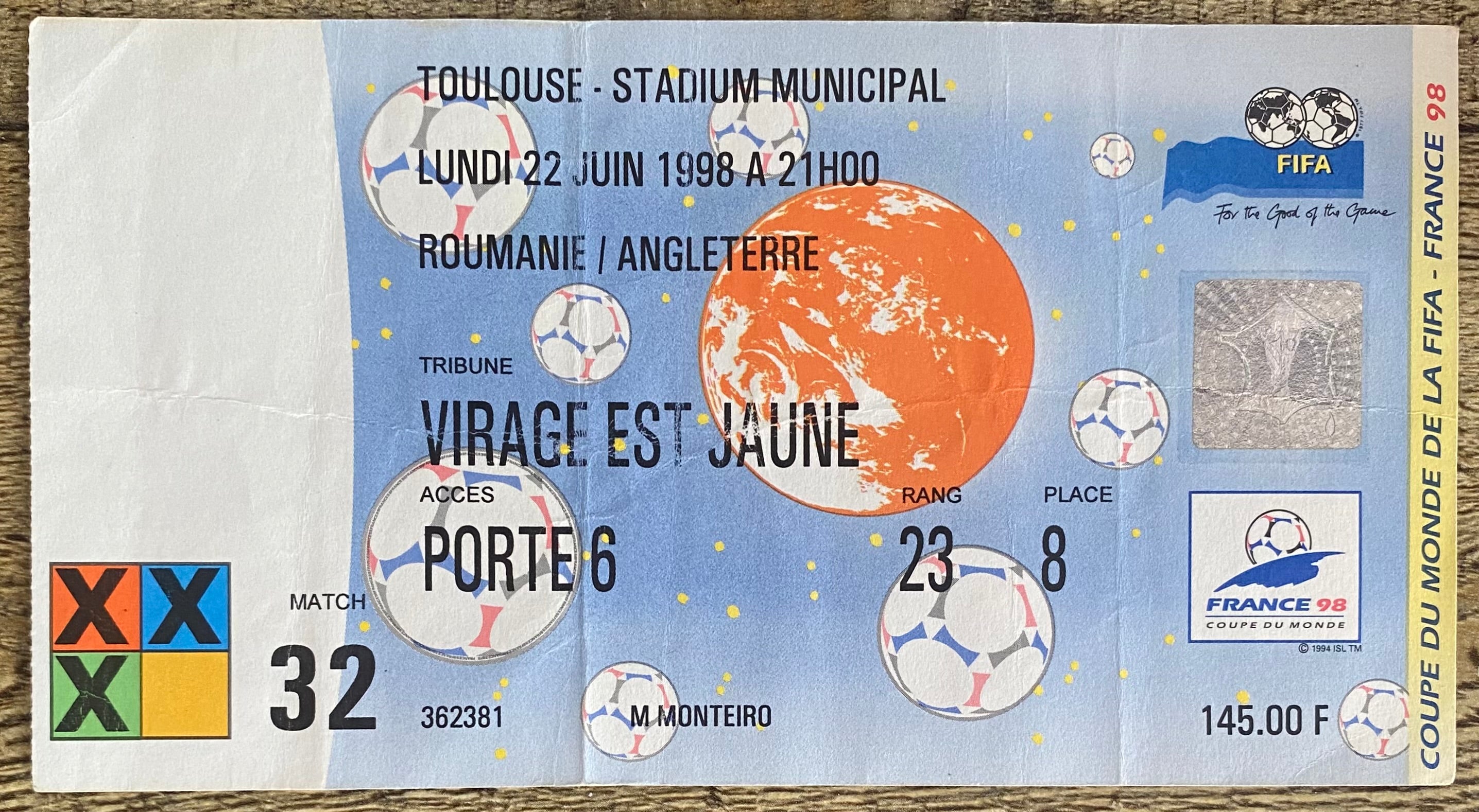 1998 ORIGINAL WORLD CUP 1ST ROUND TICKET ENGLAND V ROMANIA @ TOULOUSE