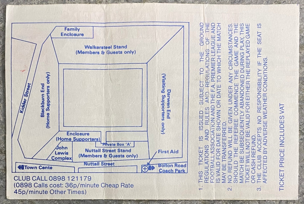 1992/93 ORIGINAL PREMIER LEAGUE TICKET BLACKBURN ROVERS V NOTTINGHAM FOREST