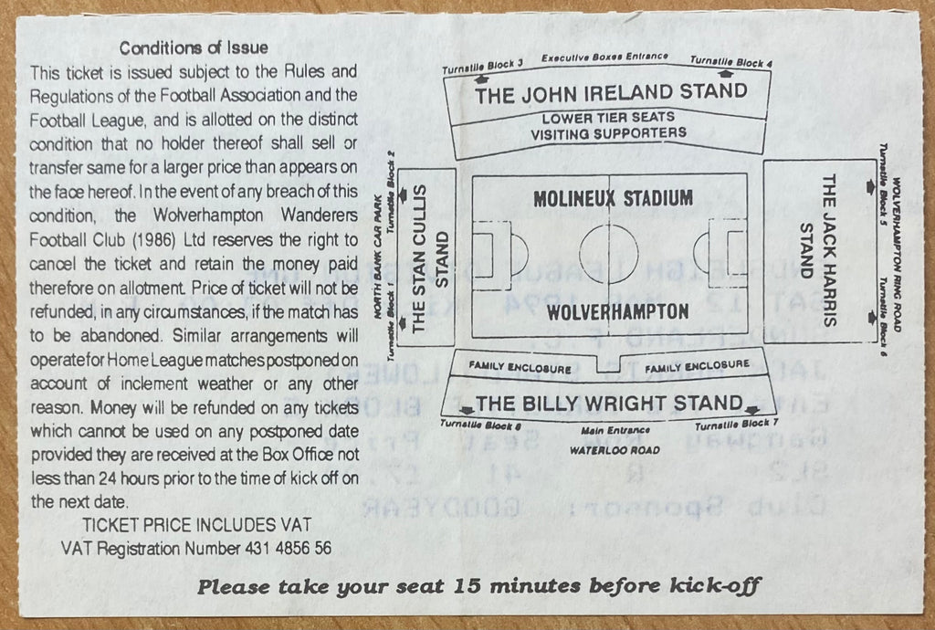 1993/94 ORIGINAL DIVISION 1 TICKET WOLVERHAMPTON WANDERERS V SUNDERLAND