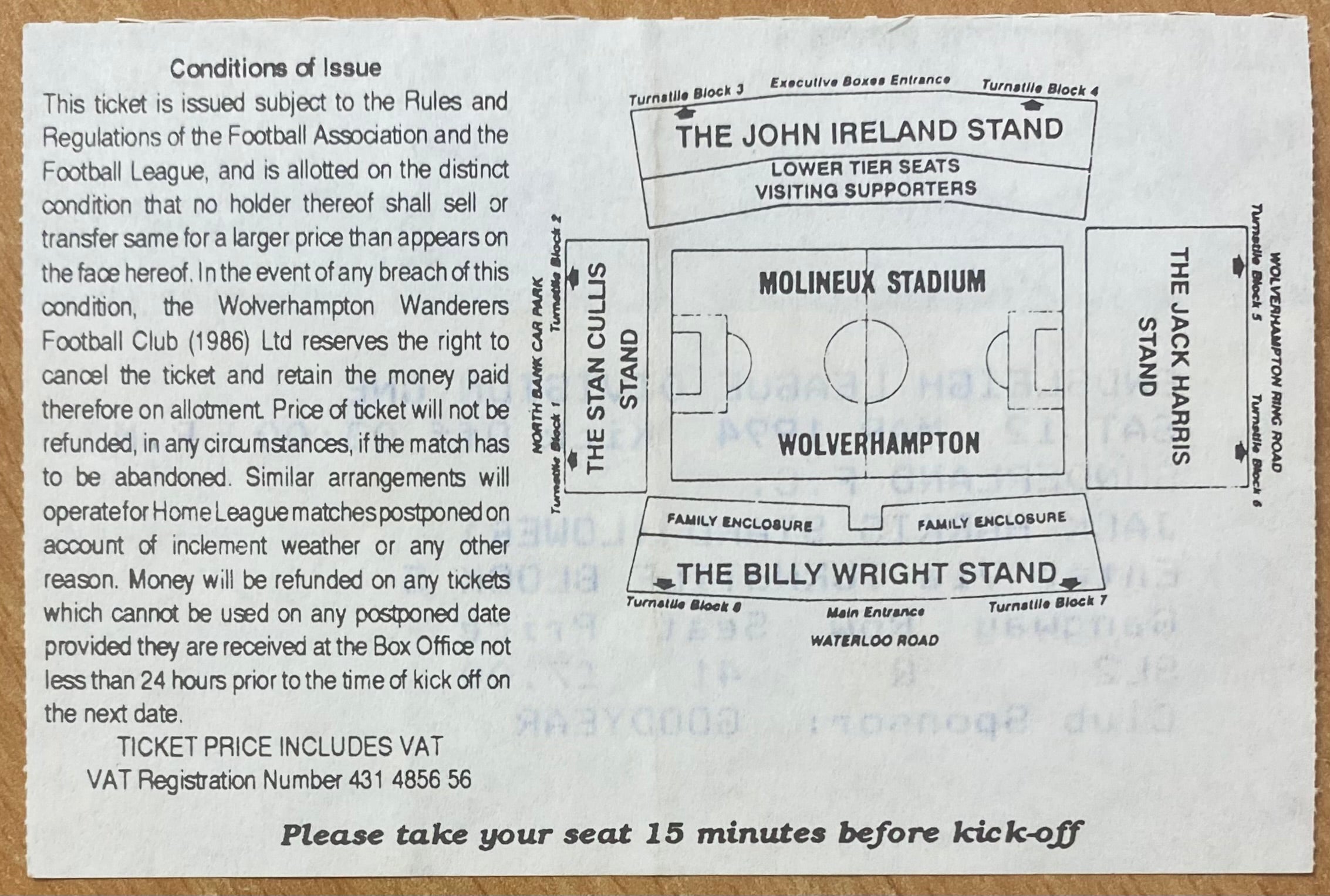 1993/94 ORIGINAL DIVISION 1 TICKET WOLVERHAMPTON WANDERERS V SUNDERLAND