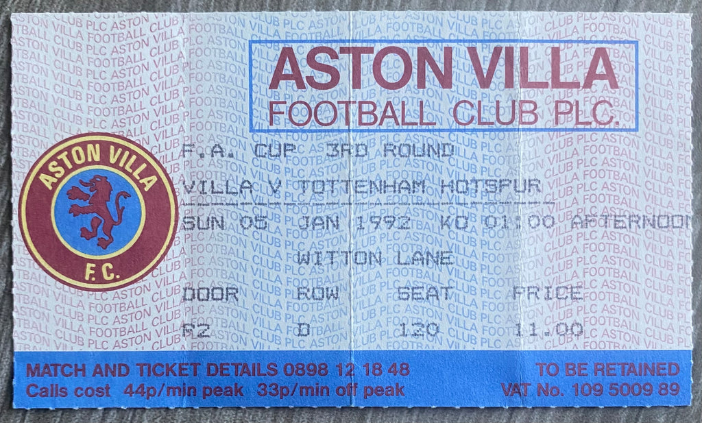 1991/92 ORIGINAL FA CUP 3RD ROUND TICKET ASTON VILLA V TOTTENHAM HOTSPUR
