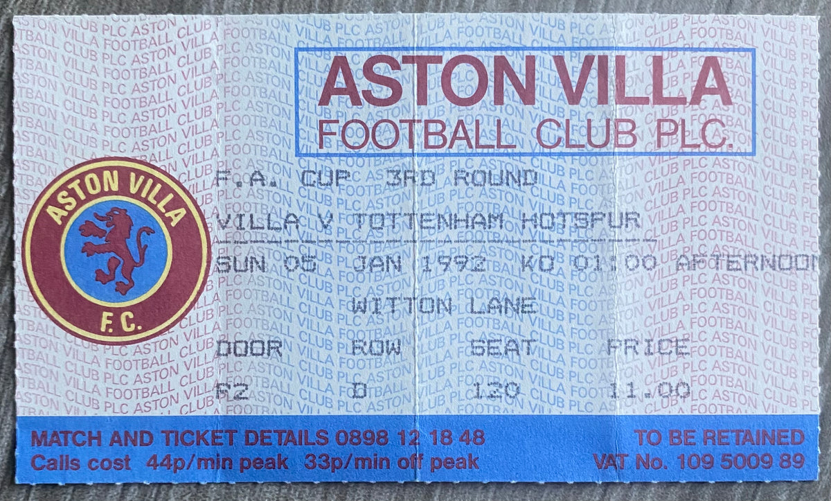1991/92 ORIGINAL FA CUP 3RD ROUND TICKET ASTON VILLA V TOTTENHAM HOTSPUR