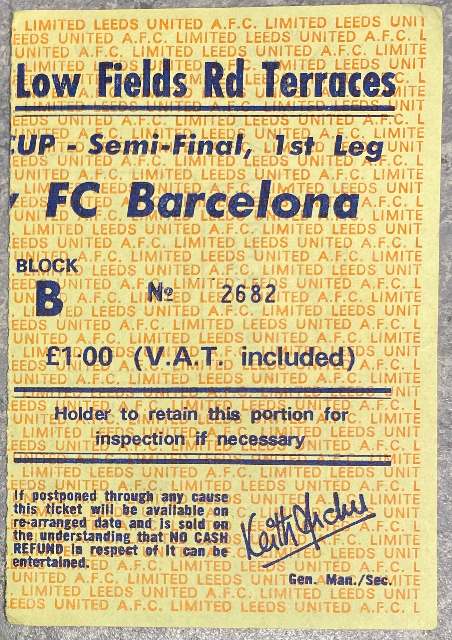 1974/75 ORIGINAL EUROPEAN CUP SEMI FINAL 1ST LEG TICKET LEEDS UNITED V BARCELONA
