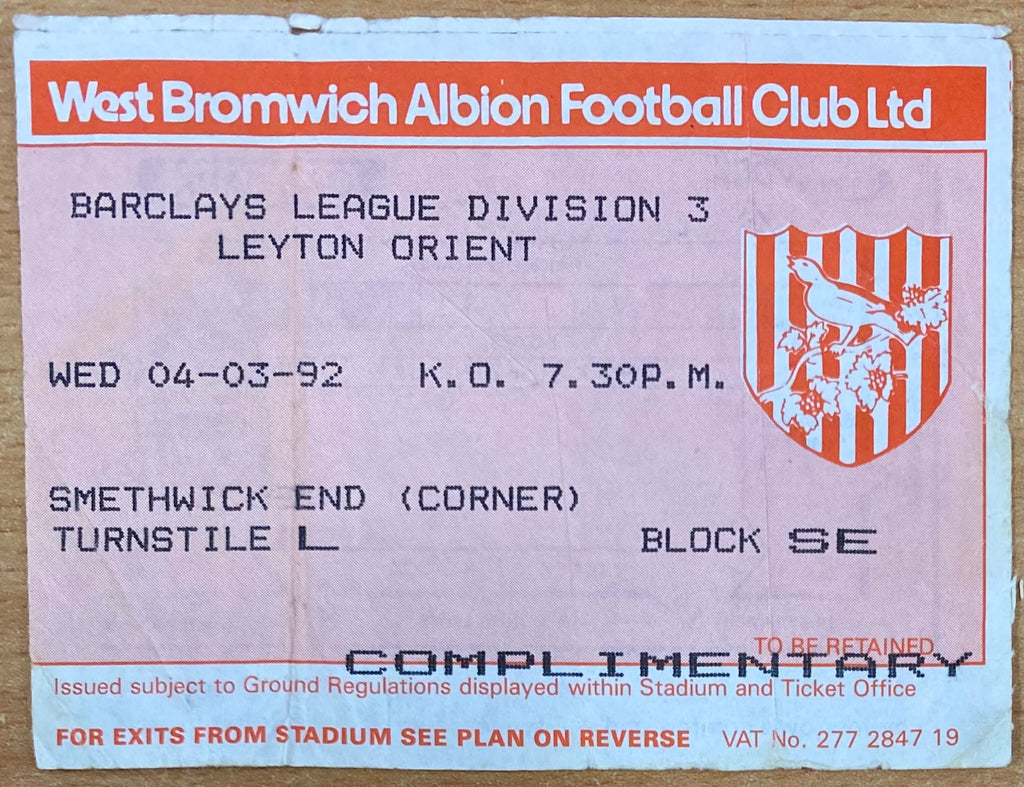 1991/92 ORIGINAL DIVISION 3 TICKET WEST BROMWICH ALBION V LEYTON ORIENT