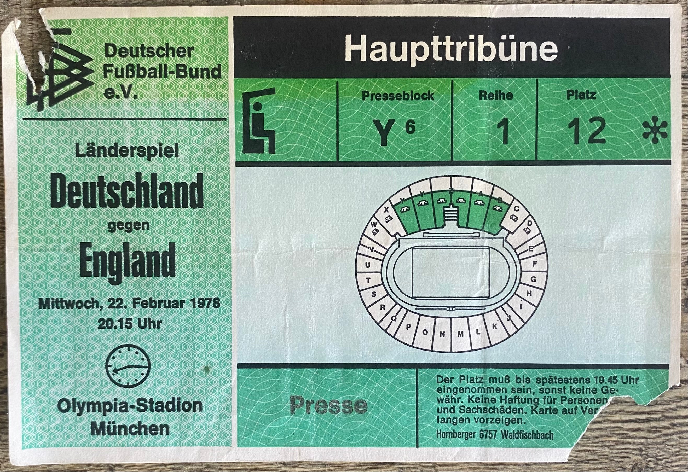 1978 ORIGINAL INTERNATIONAL TICKET WEST GERMANY V ENGLAND