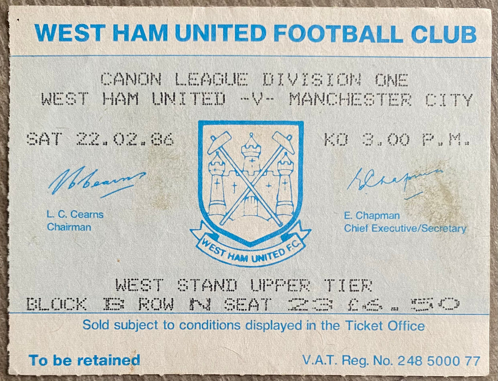 1985/86 ORIGINAL DIVISION ONE TICKET WEST HAM UNITED V MANCHESTER CITY