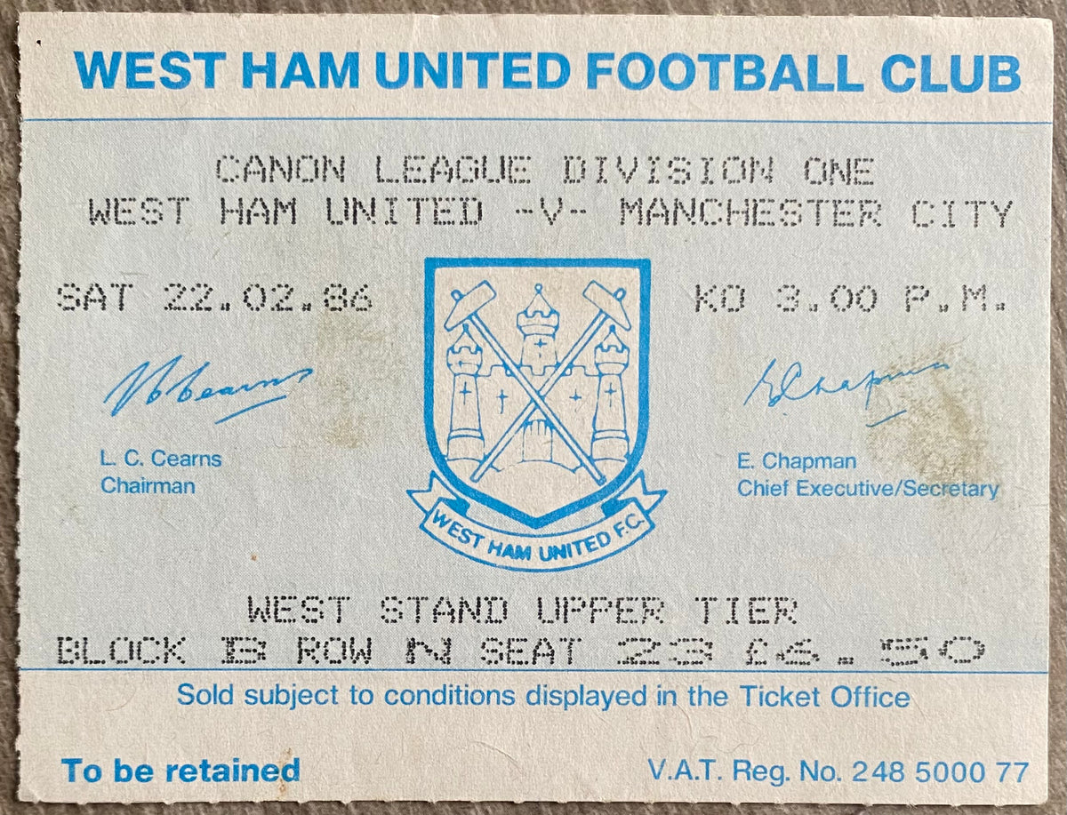 1985/86 ORIGINAL DIVISION ONE TICKET WEST HAM UNITED V MANCHESTER CITY