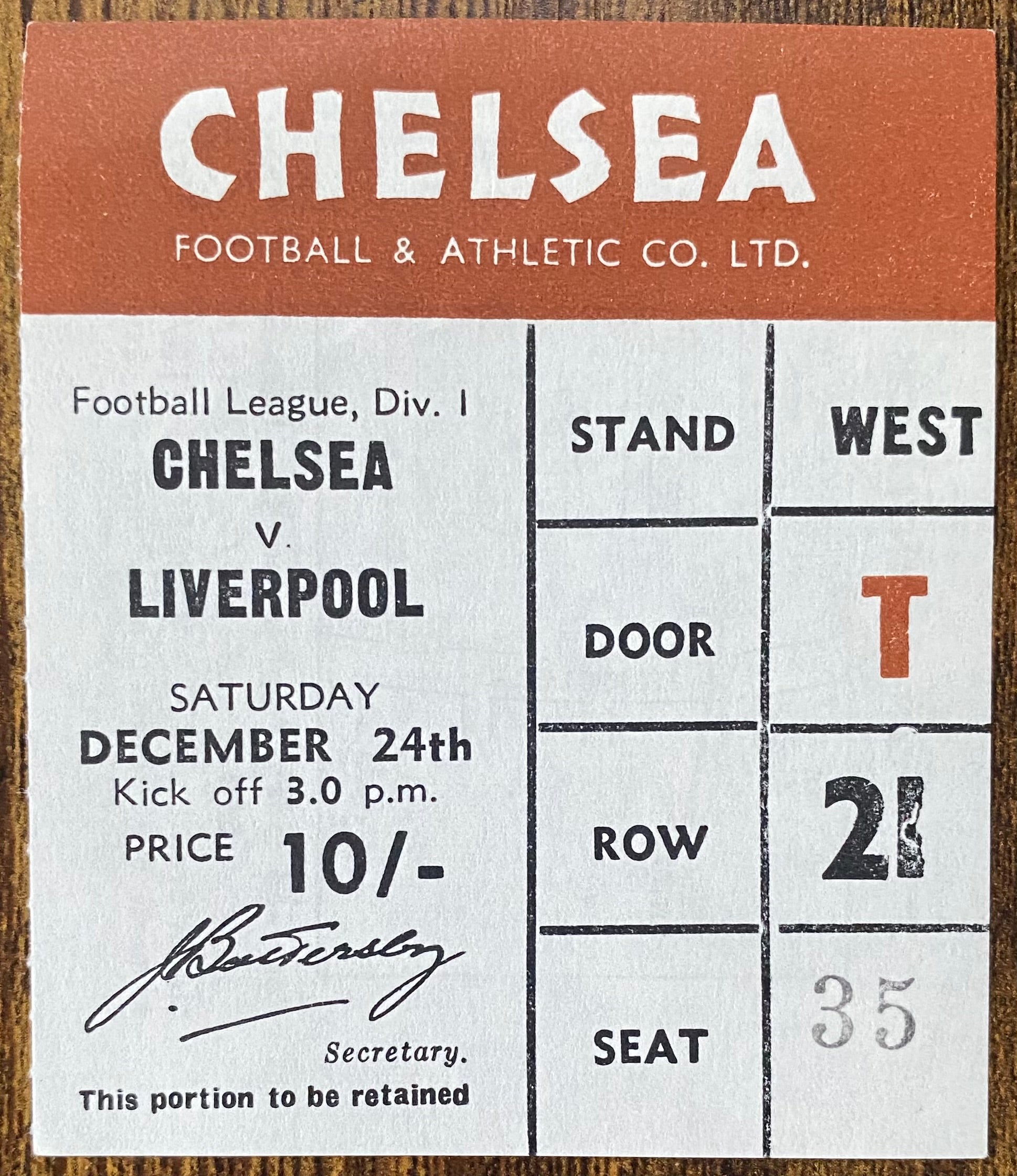 1966/67 ORIGINAL  DIVISION 1 TICKET CHELSEA V LIVERPOOL