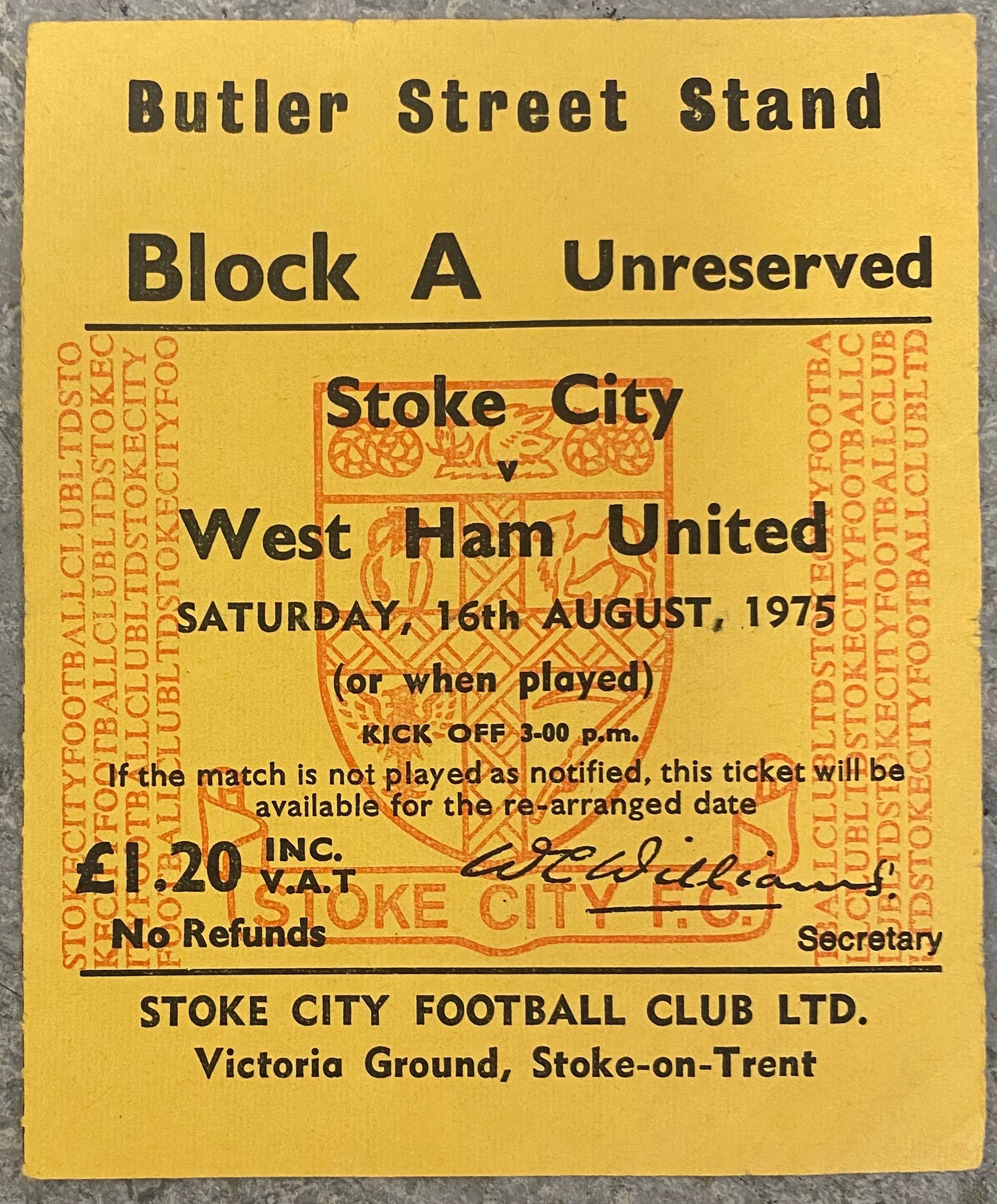 1975/76 ORIGINAL DIVISION ONE TICKET STOKE CITY V WEST HAM UNITED
