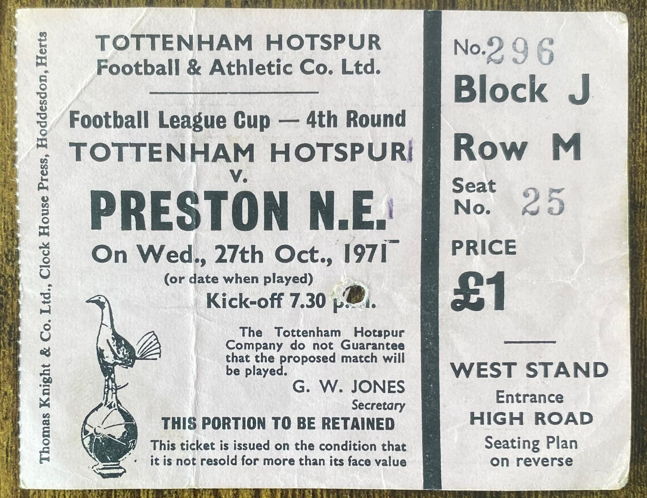 1971/72 ORIGINAL LEAGUE CUP 4TH ROUND TICKET TOTTENHAM HOTSPUR V PRESTON NORTH END