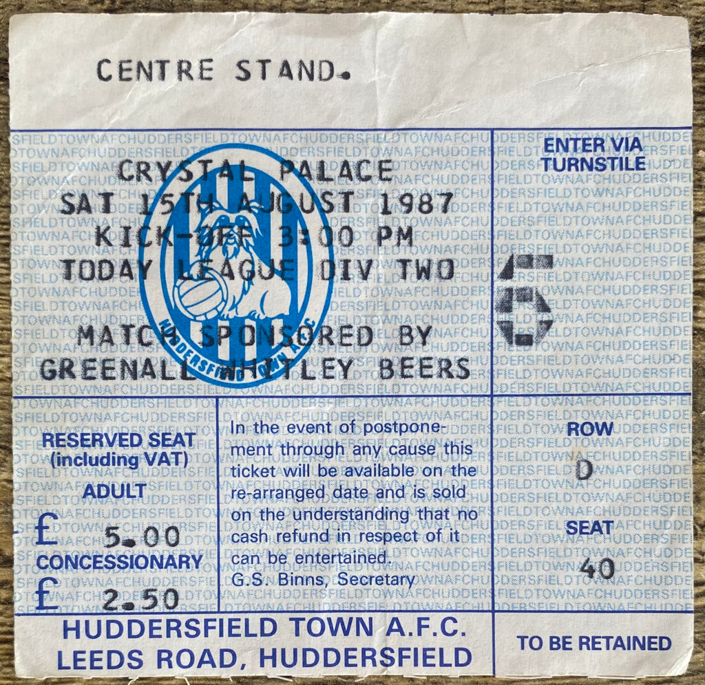 1987/88 ORIGINAL DIVISION 2 TICKET HUDDERSFIELD TOWN V CRYSTAL PALACE