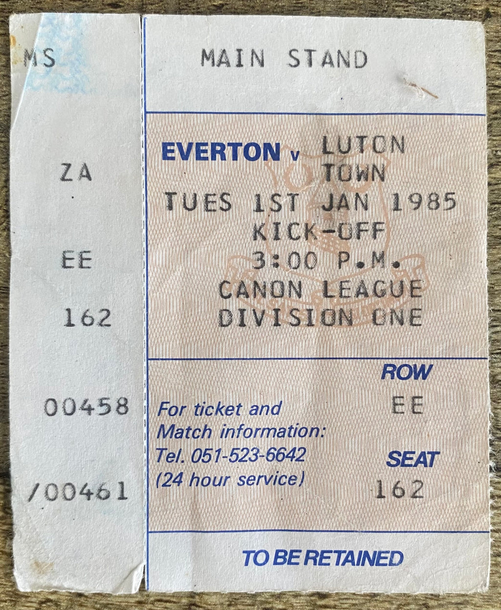 1984/85 ORIGINAL DIVISION ONE TICKET EVERTON V LUTON TOWN