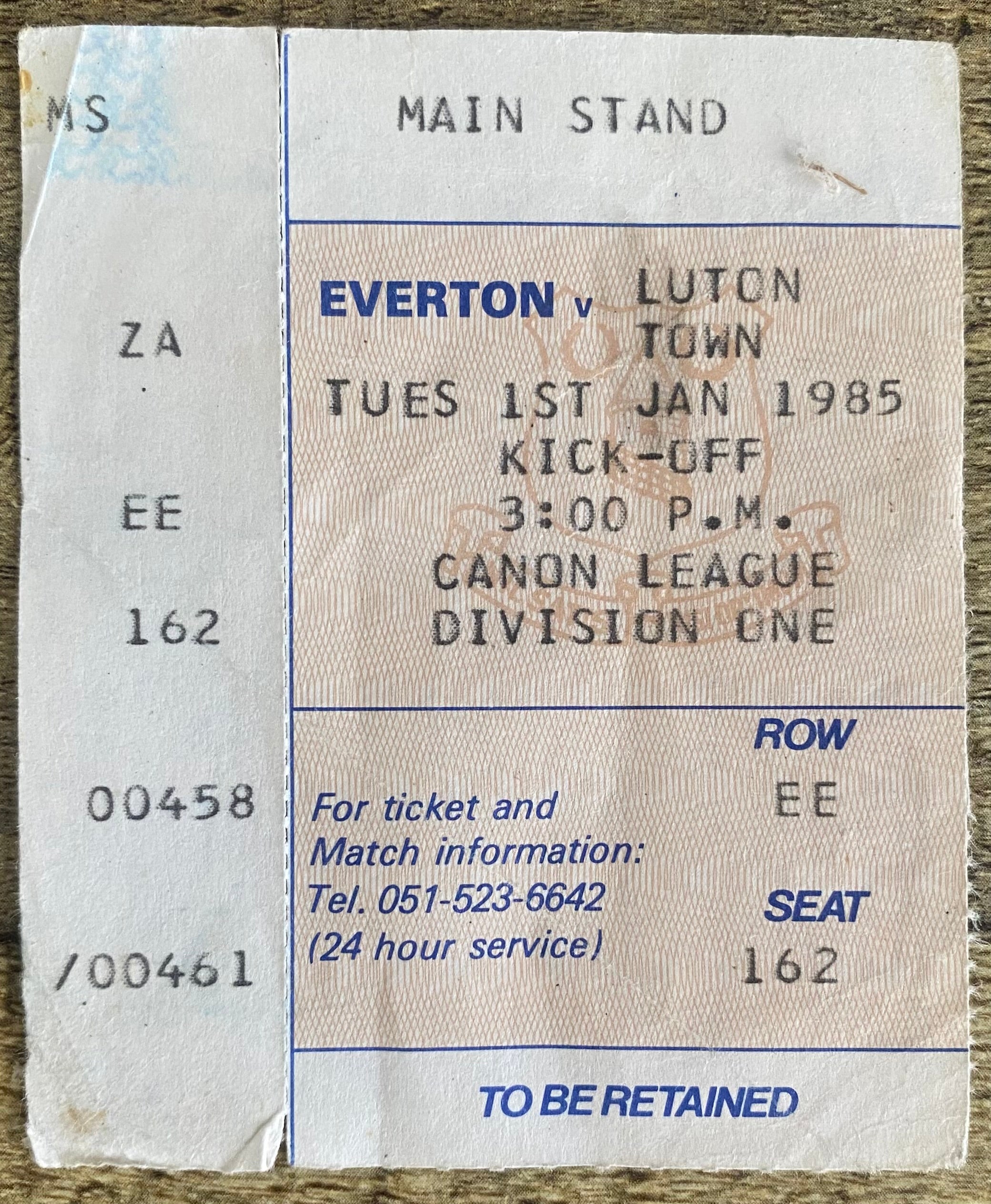 1984/85 ORIGINAL DIVISION ONE TICKET EVERTON V LUTON TOWN